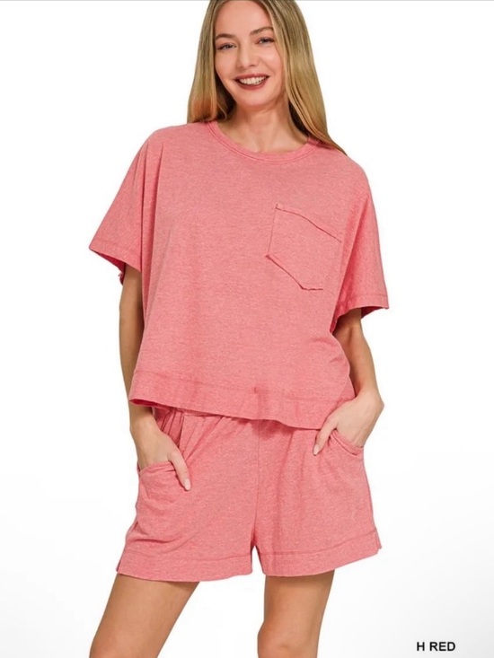 Zenana Outfitters Pants - NEW Zenana Heathered Red Exposed Seam Boxy Top & Shorts Set – S, M, L
